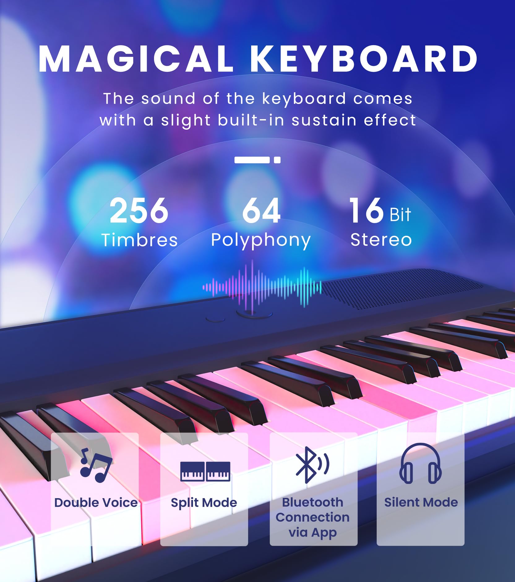 The ONE Smart Keyboard COLOR Teclado de piano con 61 teclas iluminadas, piano eléctrico para principiantes con 256 tonos, 64 polifonía, luces LED integradas y aplicaciones, compatible con USB MIDI/auriculares (púrpura)
