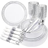 WELLIFE 175Pcs Silver Dinnerware Sets, Include:25 Dinner Plates, 25 Dessert Plates, 25 Paper Napkins, 25 Cups, 75 Silver Silverware Set for Party and Weddings