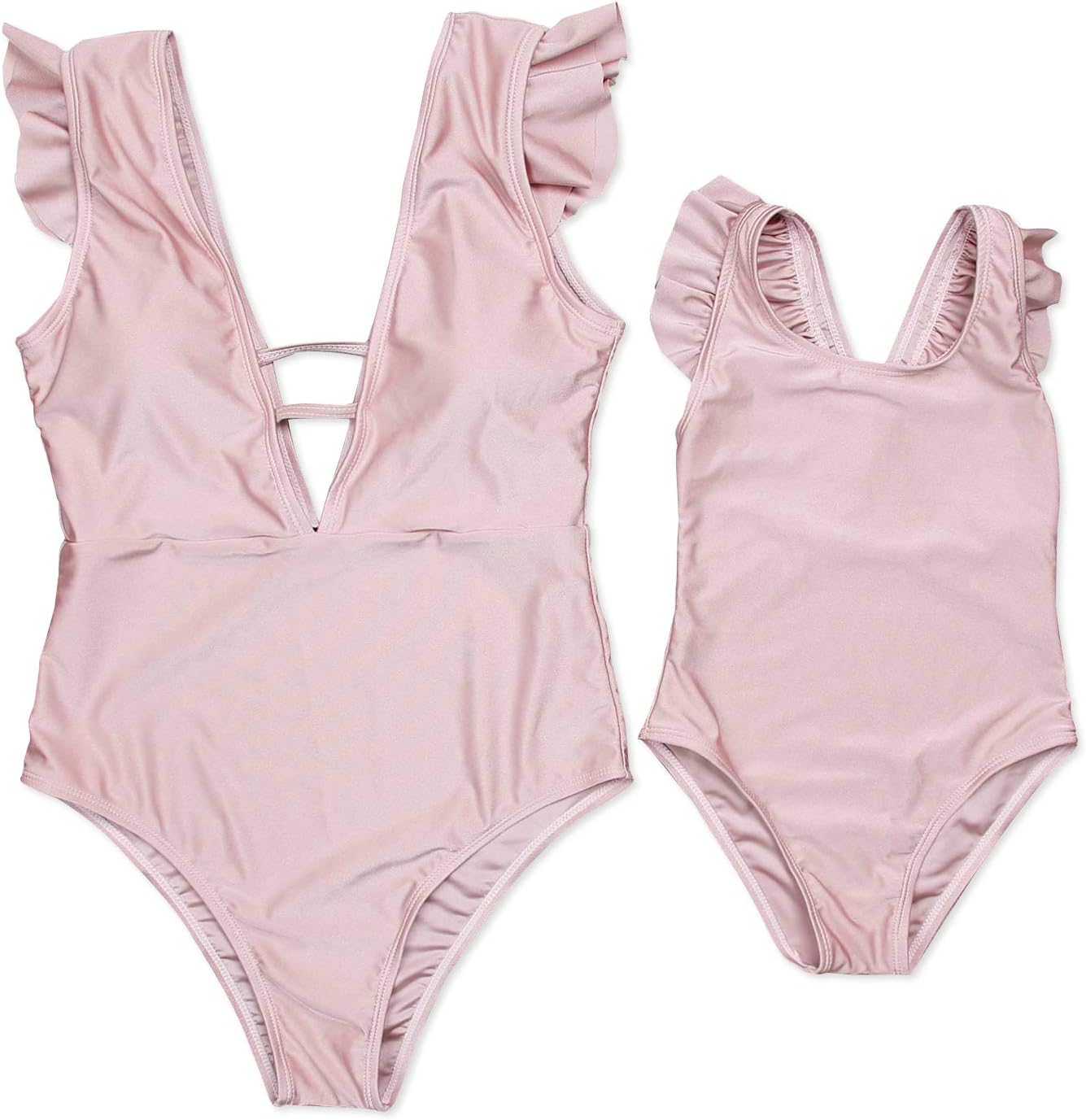 Family Matching Swimsuits One Piece Monokini Set Solid Ruffled Matching Swimwear Mommy and Me Bathing Suits