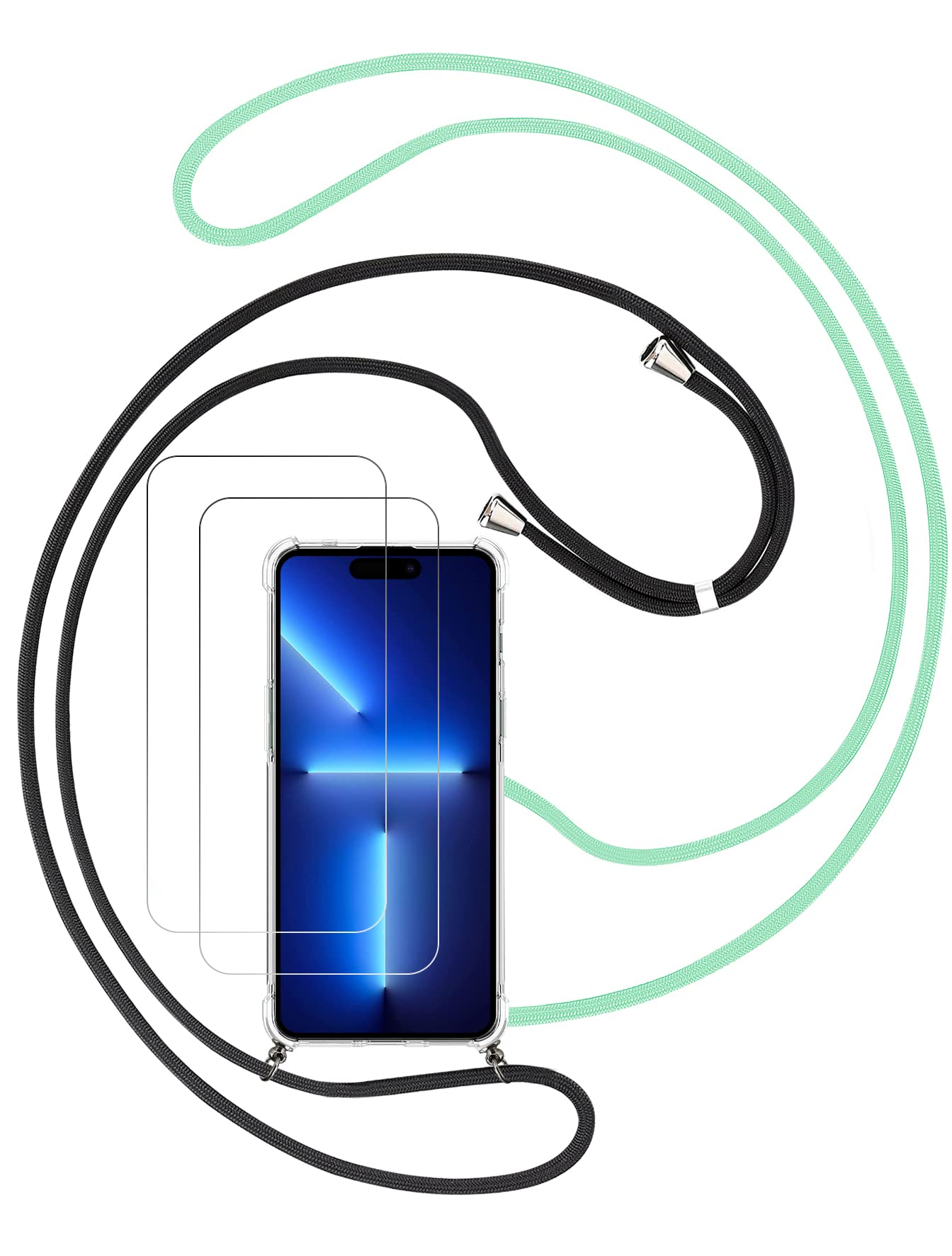 Crossbody Case for iPhone 14 Pro Max (6,7") + 2 pieces Screen Protector, Transparent Soft Silicone TPU Necklace Cover, Camera Protective Case with 2 Pieces Bands, Black+Green