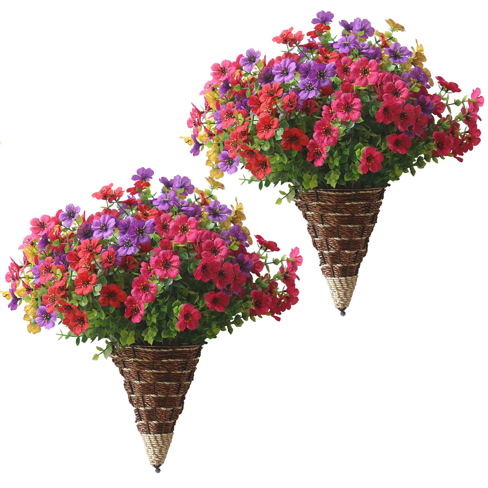 YXYQR 2PCS Artificial Hanging Flowers Plants with Wall Hanging Basket Indoors Outdoor UV Resistant Fake Silk Flower in Hanging Planter for Porch Front Door Garden Home Patio Living Room