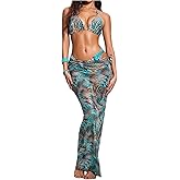 Verdusa Women's 3 Piece Cheetah Print Halter Bikini Set Animal Pattern Swimsuits with Cover Up Skirt
