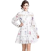 LAI MENG FIVE CATS Women's Hollow Out Lace Puff Sleeves Floral Print Button up Casual Mini Dress