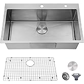 VESLA HOME 30 inch Drop in Kitchen Sink, Topmount Single Bowl 304 Stainless Steel Handmade Satin Finish Kitchen Sinks with Di