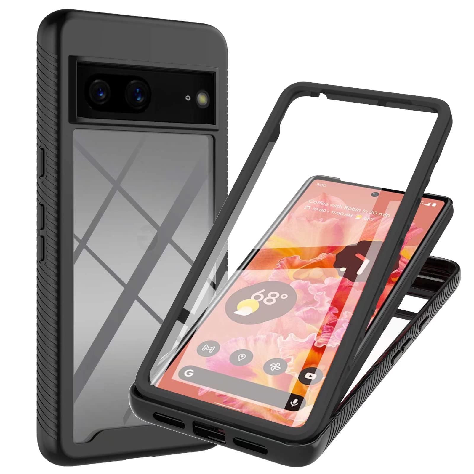 Dfjhure for Google Pixel 7 Case Built-in Screen Protector Full Body Shockproof Protection Cover tylish Bumper Transparent Back Phone Case Cover for Google Pixel 7- Black