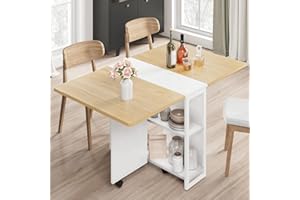 IDEALHOUSE Folding Dining Table, Drop Leaf Dining Table with 6 Wheels and 2-Layer Storage Shelf, Space Saving Kitchen Table for Small Spaces (Natural Wood, 50.1" D x 31.4" W x 29.5" H)