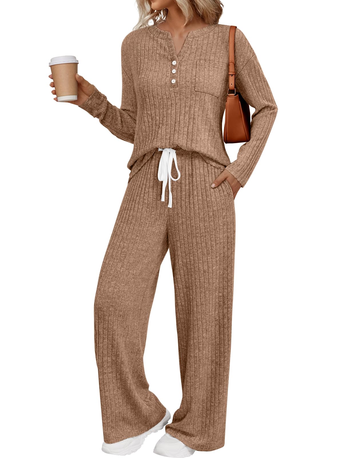 LILLUSORY Womens 2 Piece Lounge Sets Matching Airport Travel Outfits 2026 Spring Clothing Fall Pajamas Sweat Suits Pockets Khaki M Image