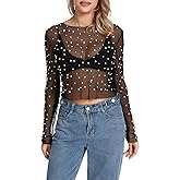 Women Long Sleeve Mesh T-Shirt Sexy See-Through Pearls Slim Fit Ladies Tops Bodycon Party Tops for Club Party