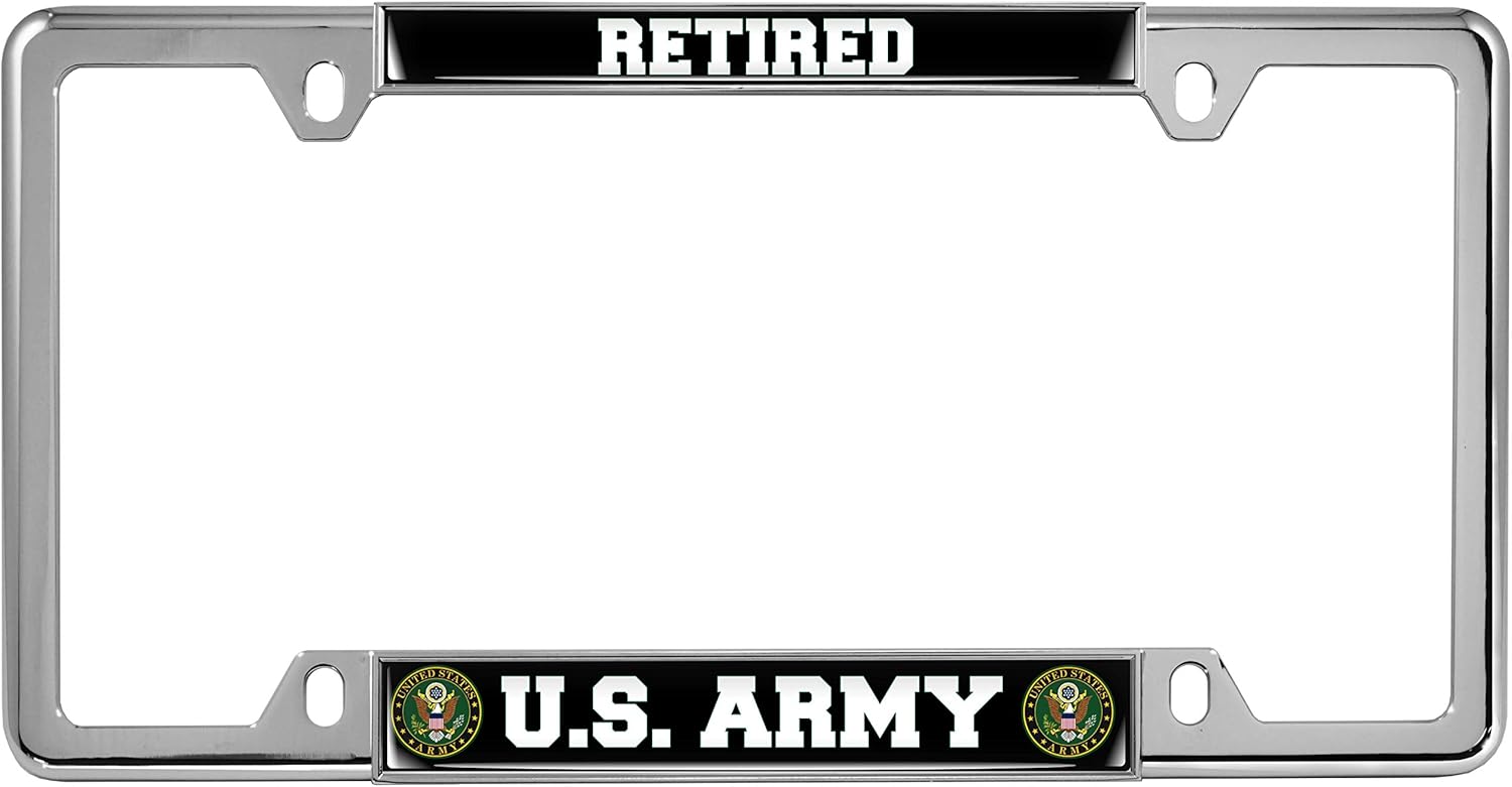 U.S. Army Retired - Domed Custom-Made Personalized Narrow (Thin) Top 4 Hole Metal Car License Plate Frame with Free caps - Chrome