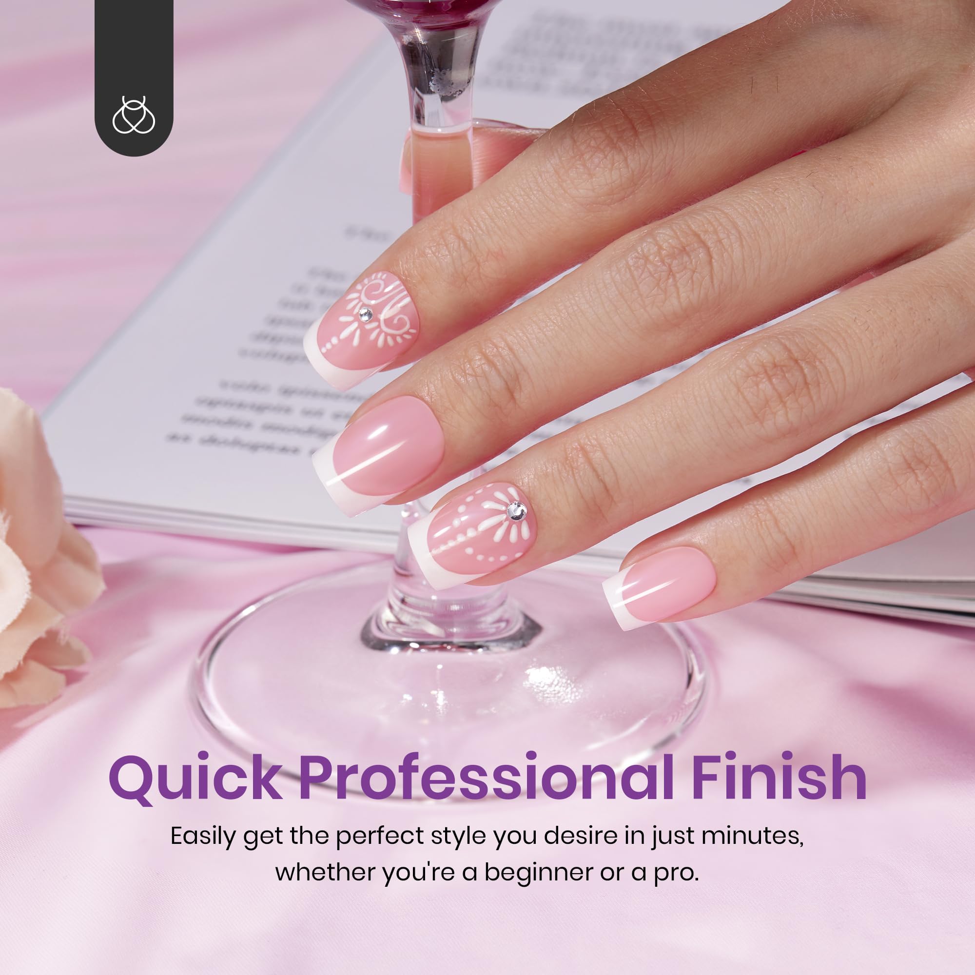 Beetles French Tip Press On Nails: 150 Pcs Pink Short Square Press On Nails 4 in 1 Nail Tips, Pre-Applied Primer & Base Coat, No File Need DIY Manicure for Nail Extension Gifts for Women - Image 3