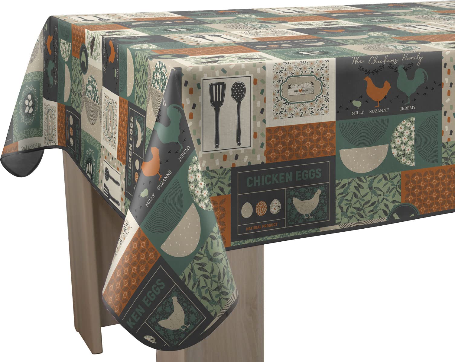 Le linge de Jules Chicken Tablecloth Stain Resistant Rectangular Green 150 x 240 cm