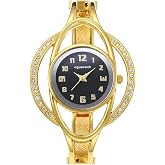 JewelryWe Bracelet Watches for Women: Stainless Steel Chunky Cuff Wrisrwatch - Analog Quartz Arabic Numerals Dial with Zircon Hollow Bezel Case - for Daily Office