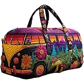 Hippie Van Quilted Duffle Bag - Boho Weekender Travel Bag with Adjustable Strap, Retro Style for Women, Short Trip Carryall (A, 16 * 8 * 8in)