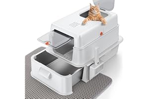 FURTIME Stainless Steel Litter Box with Lid, XL Extra Large Cat Litter Box for Big Cats, Enclosed Drawer Metal Litter Boxs with High Sided Enclosure & Mat, Front & Top Entry, Odor Free, Anti-Leakage