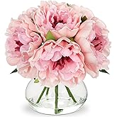 Hollyone Light Pink Peonies Artificial Flowers with Vase Faux Flowers Peony Fake Flowers Silk Flower Arrangements in Glass Vase with Faux Water for Bathroom Table Centerpiece Shelf Home Decor