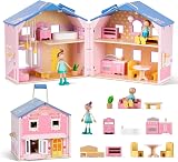 Giant bean Pink Wooden Dolls House with Dolls & Furniture, Foldable Portable view 2