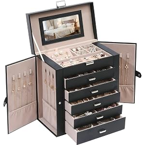 6-Layer Jewelry Boxes for Women with 5 Drawers and Necklace Storage | Large Black PU Leather Case for Rings, Earrings and Bra