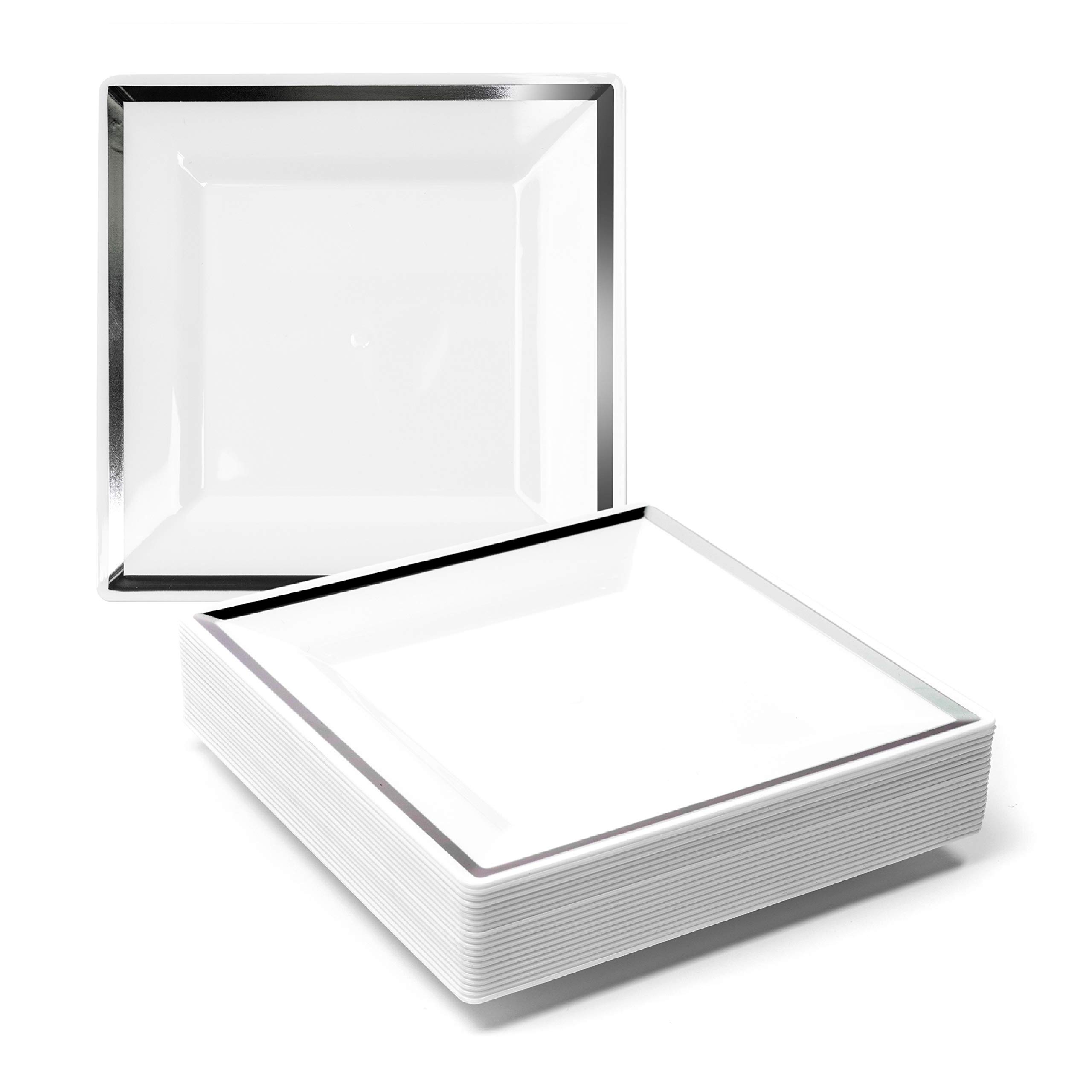 MATANA 20 Premium Square White Plastic Dessert Plates with Silver Rim, 16.5cm / 6.5 Inch - Reusable Small Side Plates, Starter Plates for Weddings, Birthdays, Picnic, BBQ, Parties