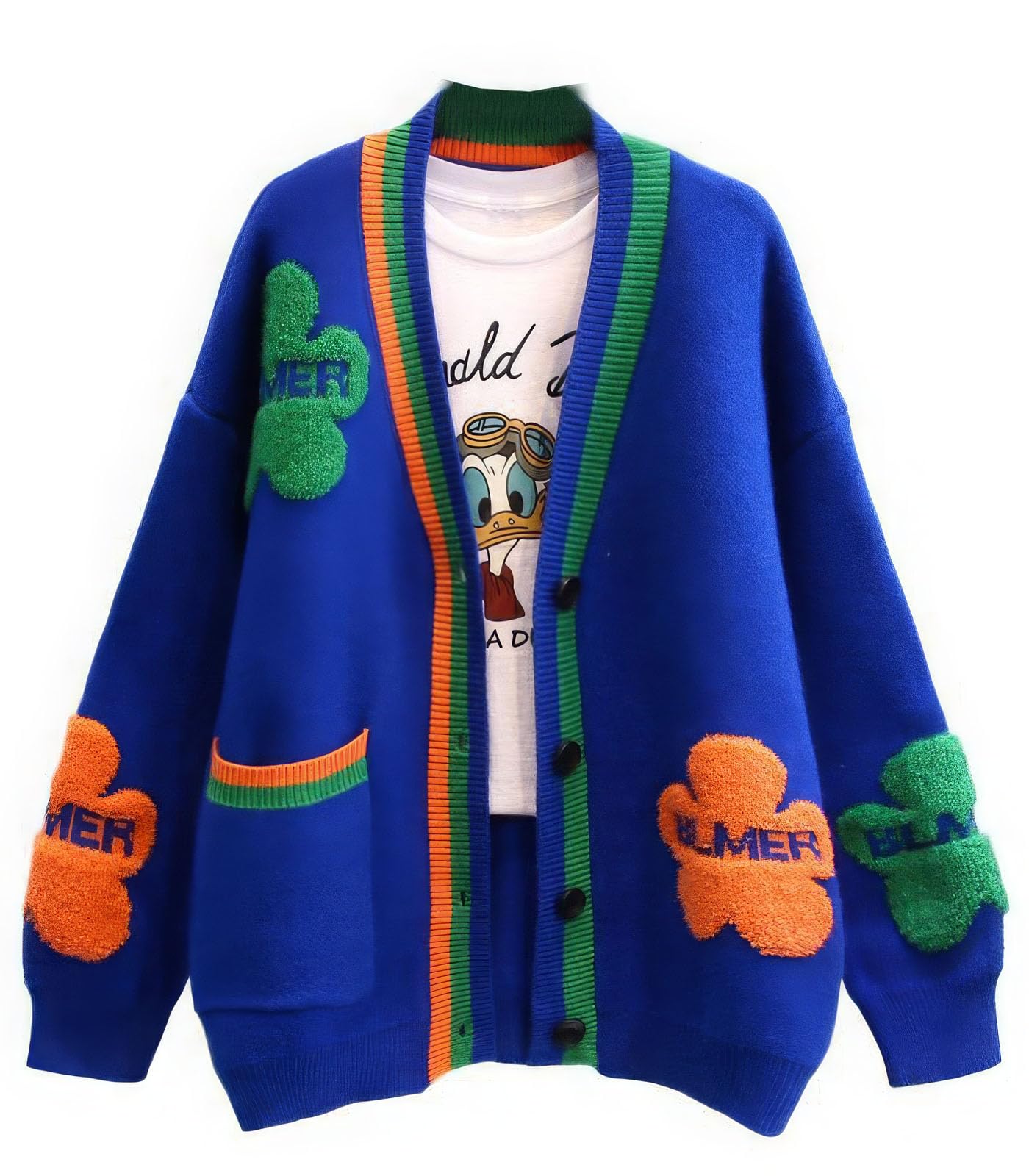 View 1 of **NEEDS A WASHING***ebossy Women's Cute Daisy Floral Embroidery Cable Knit Cardigan Slouchy Button Down Jacquard Sweater (XL, Blue)**NEEDS A WASHING***