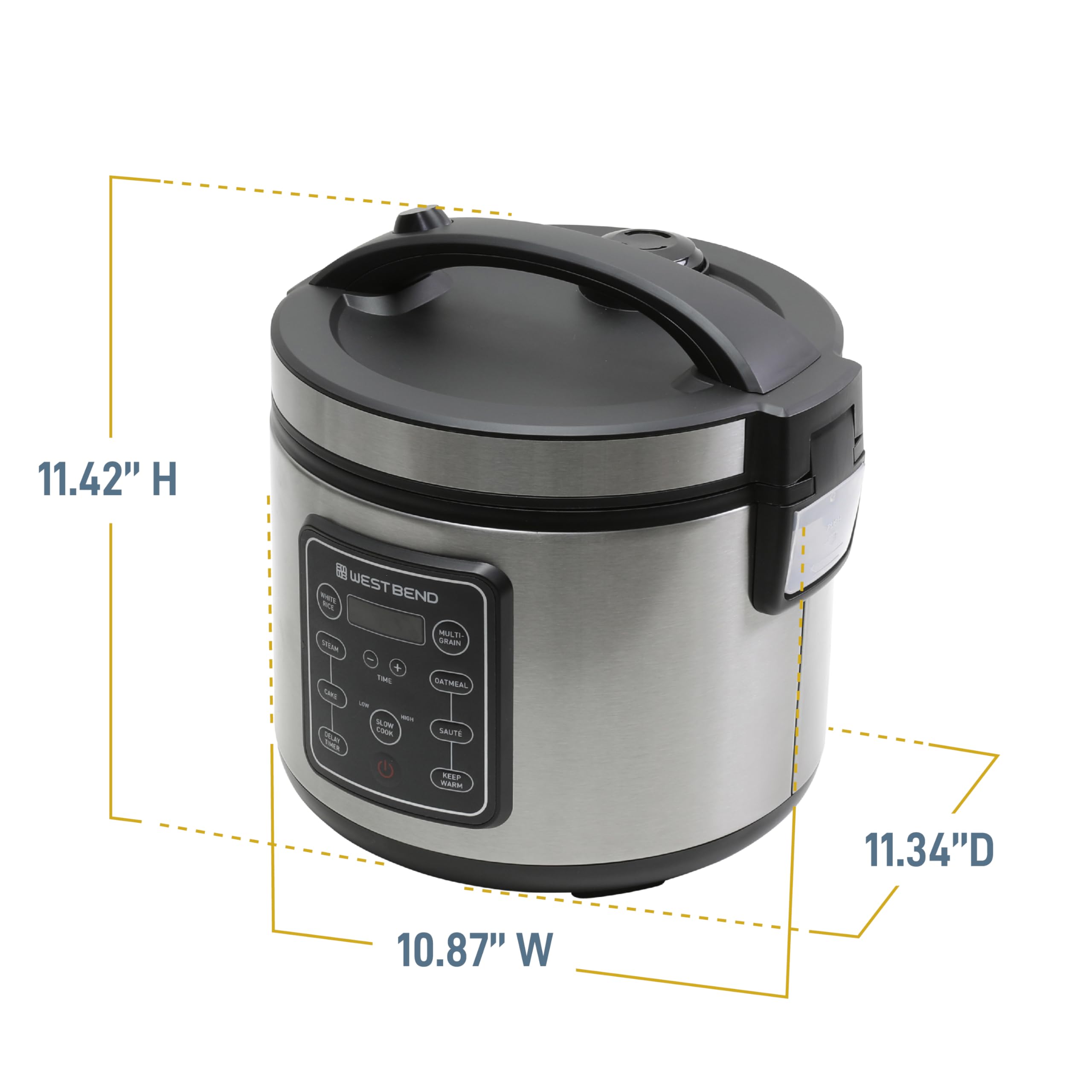 West Bend Rice & Grain Multi Cooker Programmable with 9 Preset Functions, Features Delay Start and Keep Warm Functions and Steam Basket, 20 Cups Cooked, Stainless Steel