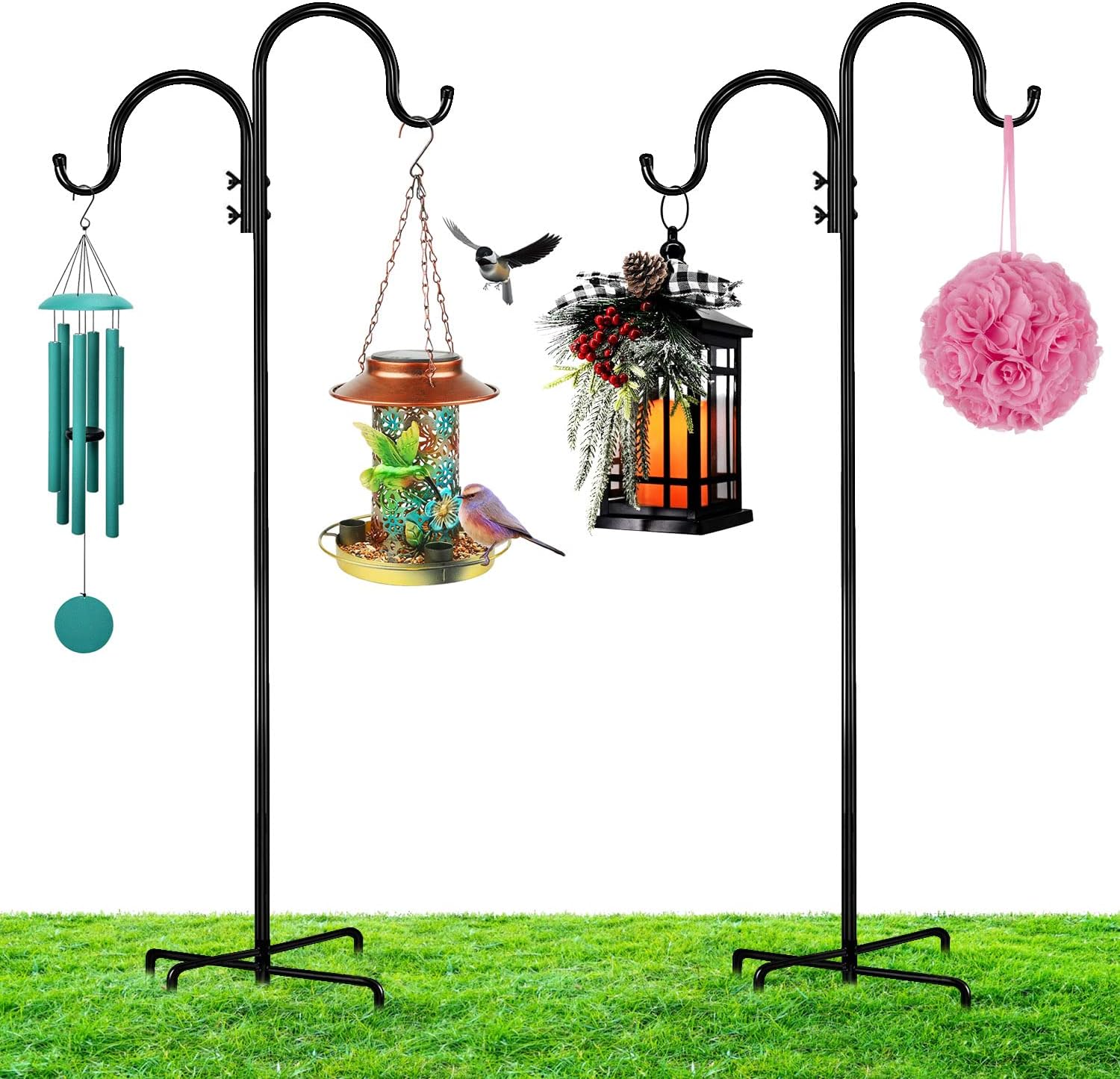Outdoor Shepherd's Hooks - XKMHWJ Garden Shepherds Hook Bird Feeder Pole for Outdoor Double Hook Hanging Stake for Outside Solar Light Plant Lantern Hanger Bird Feeders Baskets Holder Stand Wedding Decor (63 inch)