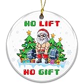 Funny Gym Ornament 2025, No Lift No Gift Ornament – Muscular Santa Lifting Weights, Fitness Gift for Bodybuilders, Powerlifters, Trainers, and Gym Lovers, Ceramic Holiday Tree Decor