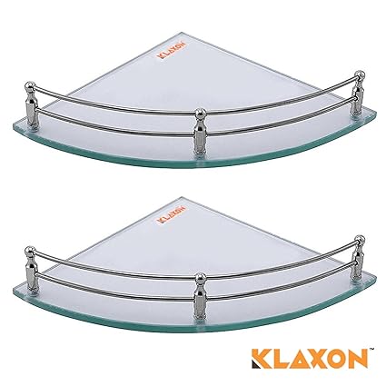 Klaxon Corner Glass Shelf Set - Bathroom Corner Shelves - 9 inch (Glossy, 2PCs)