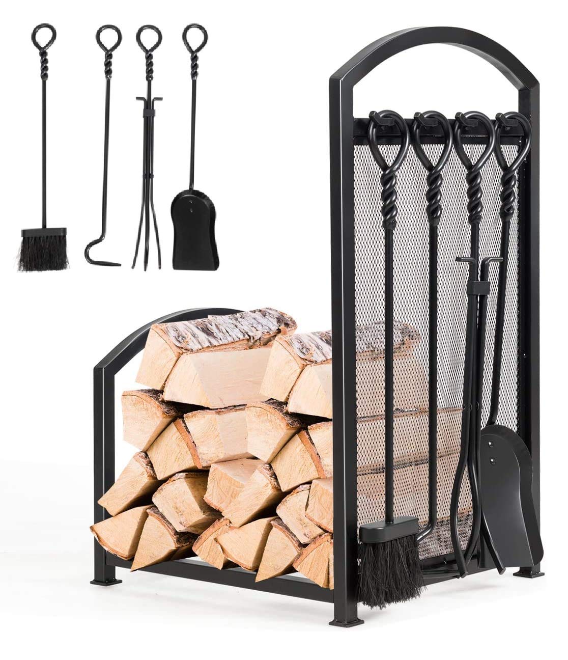 HAPPYGRILL Firewood Log Rack Indoor Outdoor Fireplace Storage Holder with 4 Tools Set