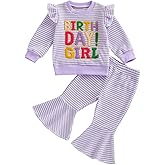 Gaono Birthday Girl Baby Clothes First Birthday Bell Bottom outfit Waffle Knit Striepd Pullover Sweatshirt Flare Pants Set