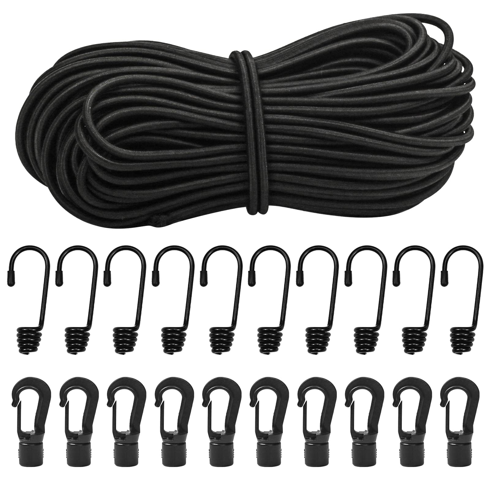 1/4"Bungee Shock Cords with Hooks, 130Feet Elastic