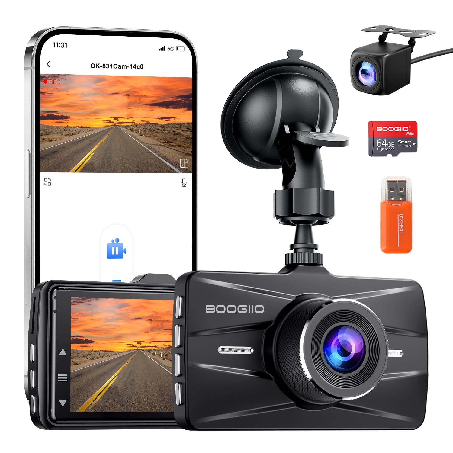 BOOGIIO Dash Cam Front and Rear with 64GB SD Card, 4K Dash Camera for Cars with APP, 5G WiFi Car Camera, Built-in G-Sensor, 170° Wide Angle, Night Vision, 24H Parking Mode,Loop Recording,3" IPS Screen