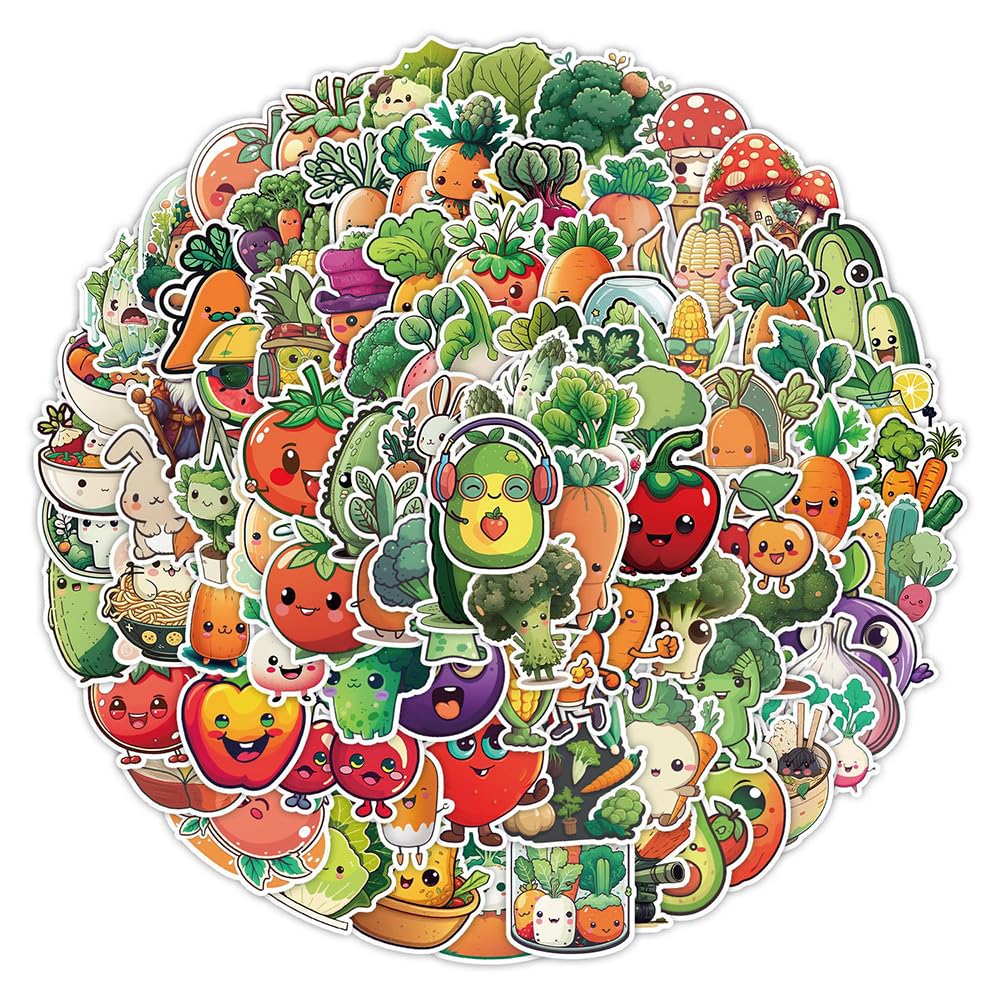 Cute Vegetable Vinyl Stickers, 100 PCS Waterproof Cartoon Veggie Character Decals for Laptops, Scrapbooking, Journals, Notebooks, Water Bottles, Suitcases, Phones & DIY Decor