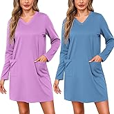 Marvmys Women Long Sleeve Nightgowns Comfy V Neck Nightshirts 2 Pack Sleep Shirts with Pockets Sleepwear S-3XL
