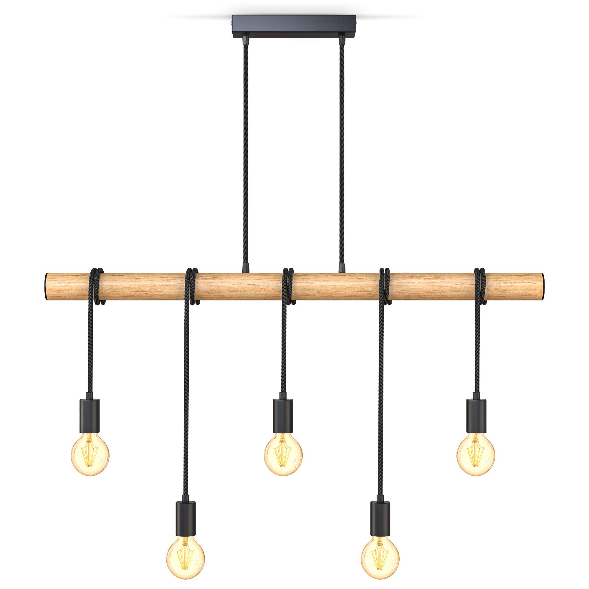 B.K.Licht Vintage Design Pendant Light, Material Mix Wood & Metal, 5 x E27 sockets, Bulbs not Included, Retro Ceiling Light for Living & Dining Room or Kitchen, IP20