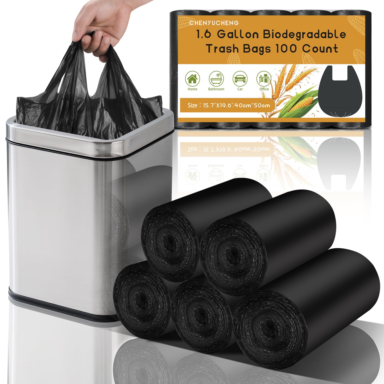 Photo 1 of 1.6 Gallon Trash Bags For Bathroom With-Handles - Black Small Garbage Bags 100 Count 6 Liter (Fit 1.3-1.5Gal) Unscented Compostable Biodegradable Mini Waste Basket Liners Kitchen Office Chenyucheng