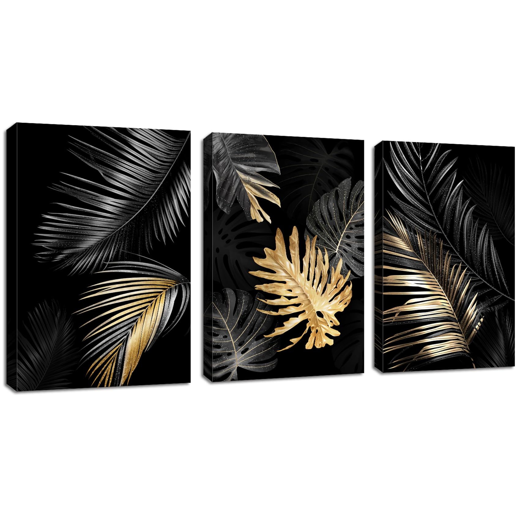 3 Panels Framed Canvas Wall Art Black Gold Tree Leaves Picture Printed Poster Botanical Tropical Monstera Plant Canvas Prints Wall Decor for Bedroom Living Room Bathroom Ready to Hang 30x40cmx3Pcs — image 1
