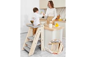 Forbena Foldable Toddler Tower Kitchen Learning Stool Helper, Montessori Kids Standing Tower for Counter, Collapsible Adjustable Baby Child Step Stool with Safety Net for Bathroom Sink (Grey)