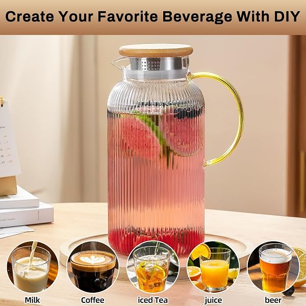 BUAIC 2 PACK GLASS PITCHER WITH LID, 68 OZ/ 2 LITER CLASSIC VERTICAL STRIPES WATER PITCHER WITH BAMBOO LIDS,GLASS WATER CARAFE FOR COLD BREW, COFFEE, LEMONADE, ICED SUN TEA,BEVERAGE,MILK