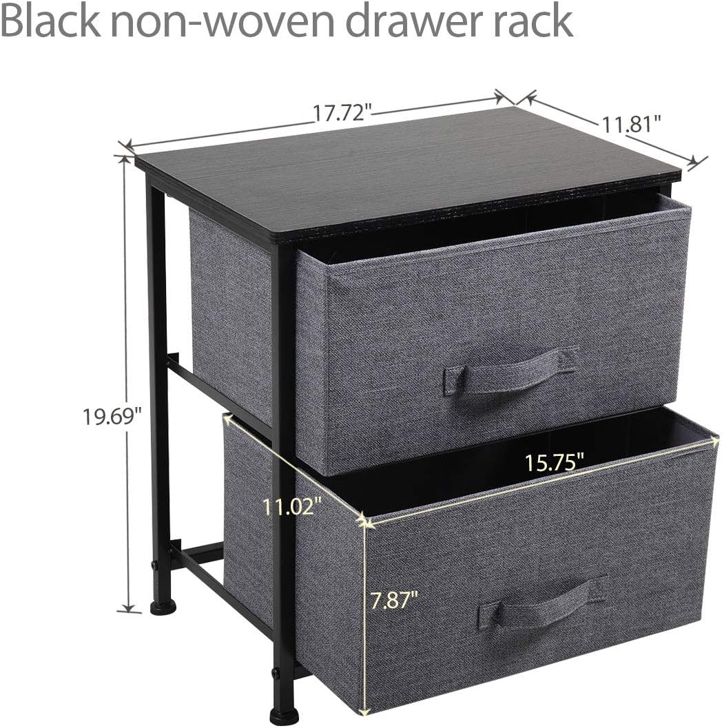 Stackable Storage Drawers Nightstand with 2 Non-Woven Fabric Drawers End Table with Steel Frame and Wood Top, Modern Clothes Organizer Closet Drawers Bedroom Bedside Living Room, College Dorm, Black -