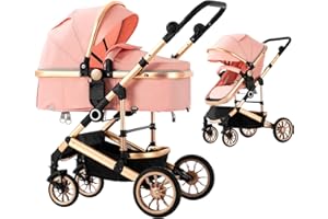 Blahoo Baby Stroller for Newborn, 2 in1 High Landscape Stroller, Foldable Aluminum Alloy Pushchair with Adjustable Backrest. Bassinet Stroller(Pink)