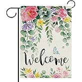 Hzppyz Welcome Spring Floral Flower Garden Flag Double Sided, Peony Eucalyptus Leaves Decorative Yard Outdoor Home Small Decor, Butterfly Summer Burlap Outside House Decoration 12 x 18