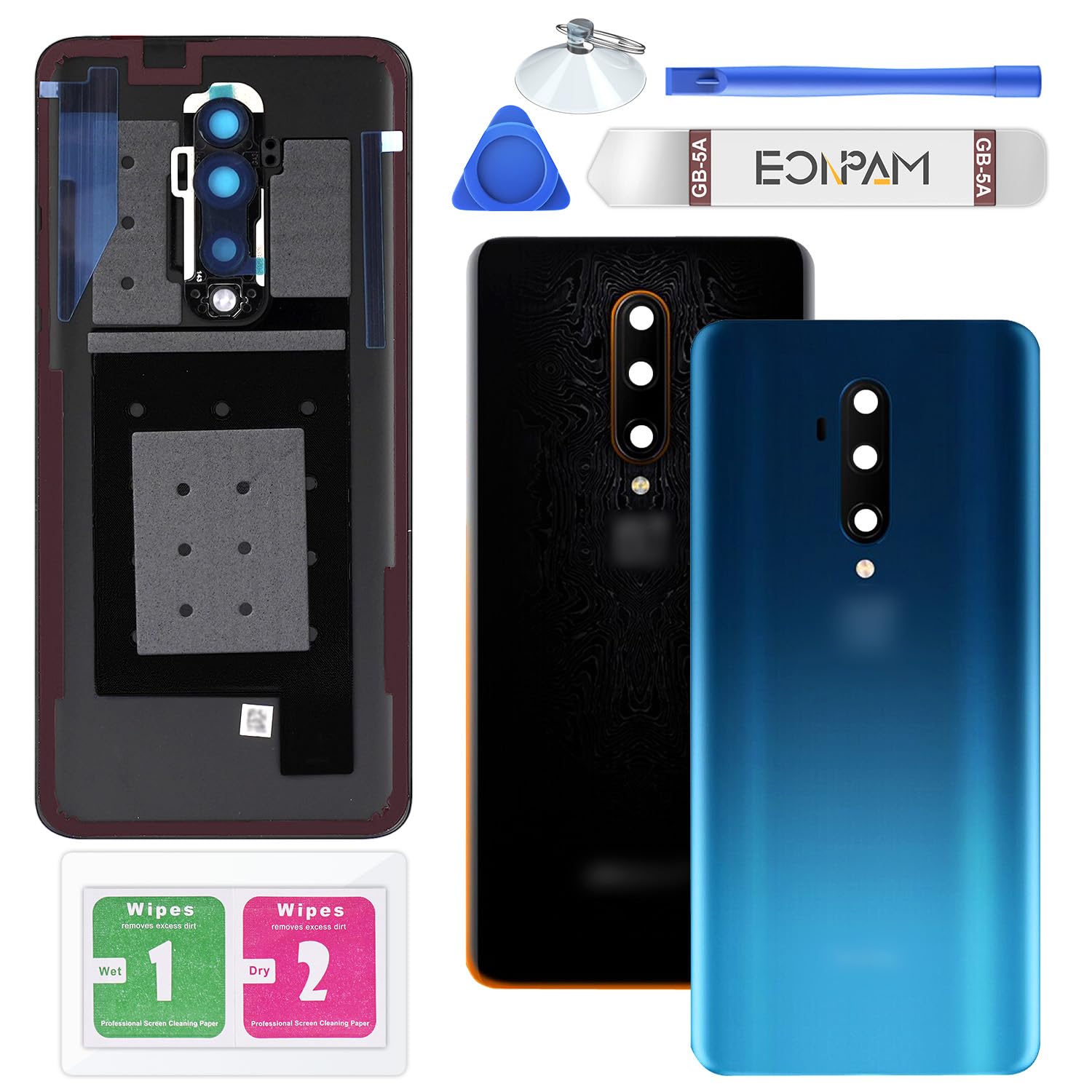 Eonpam Back Cover Glass for OnePlus 7T Pro Rear Glass Replacement with Camera Lens + Repair Kit Genuine Rear Housing (Blue)