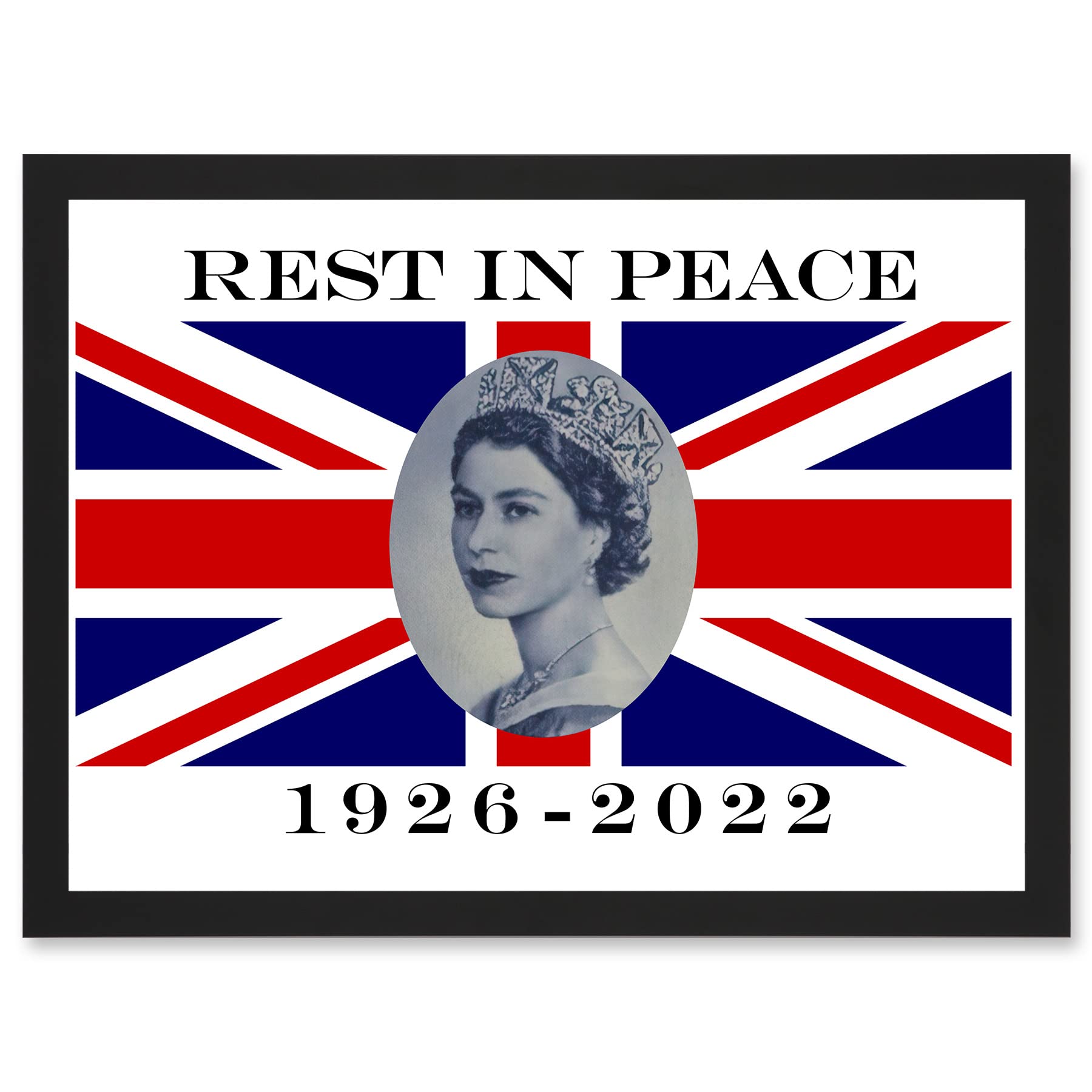 Artery8 Rest In Peace Queen Elizabeth II Union Jack Flag Queen's Funeral National Mourning Window or Wall Decoration Artwork Framed Wall Art Print A4