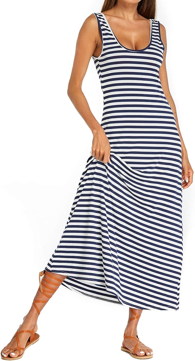 Kidsform Women Striped Maxi Dress Sleeveless Scoop Neck Summer Causal Beach Party Sundress Long 