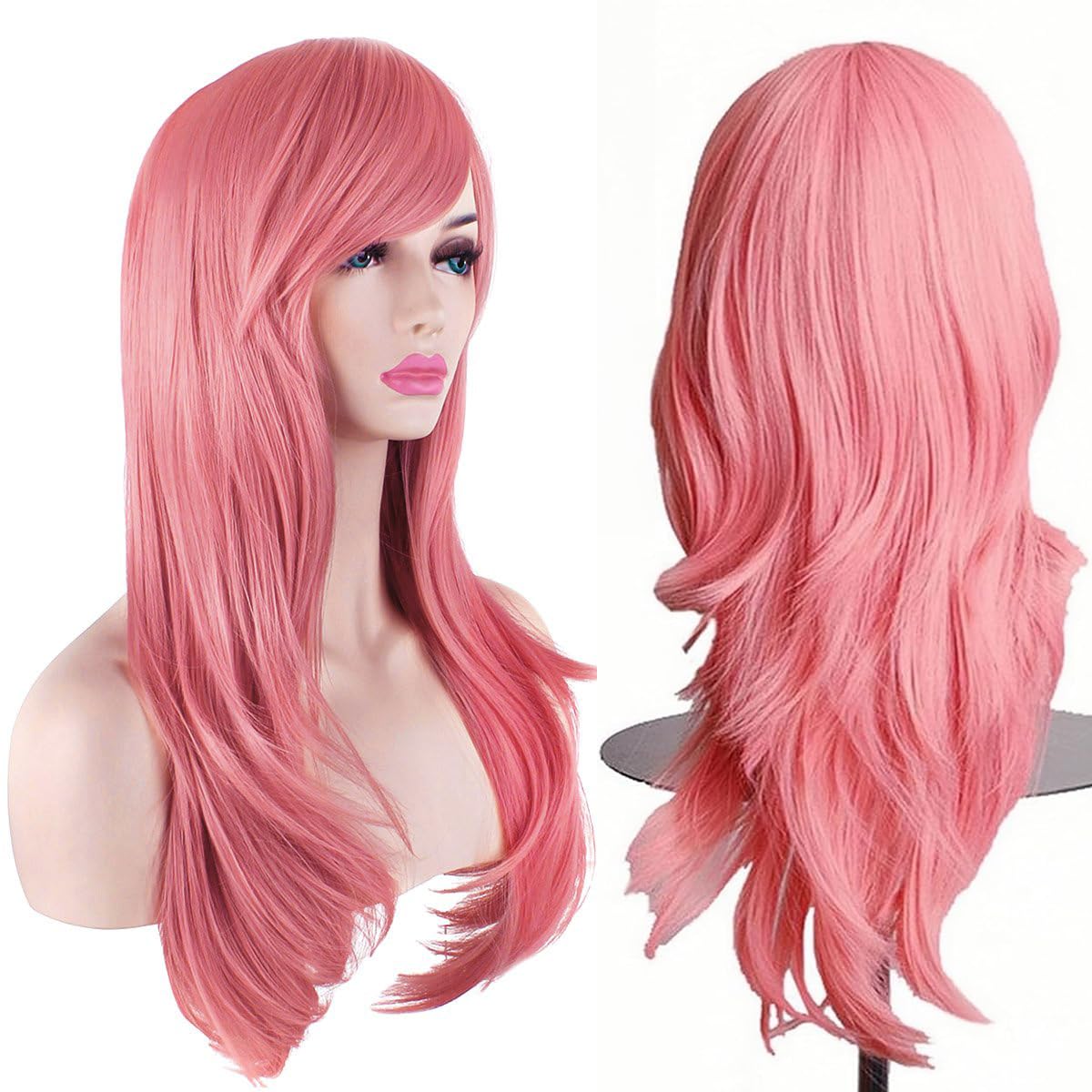 YEESHEDO Women's 28" 70 cm Cosplay Wig Long Wavy Curly Hair Ends with Bangs Wigs for Girls Heat Resistant Synthetic Wig for Party Costume Anime Halloween (Rouge Pink) — image 1
