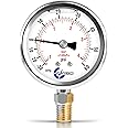 CARBO Instruments Stainless Steel Pressure Gauge Dual Display (-30 Hg - 0-60 psi/kPa) - 2 1-2" Glycerine Liquid Filled Water Air Oil Gas Gauge with Polycarbonate Lens - Compound Vacuum - 1/4" NPT