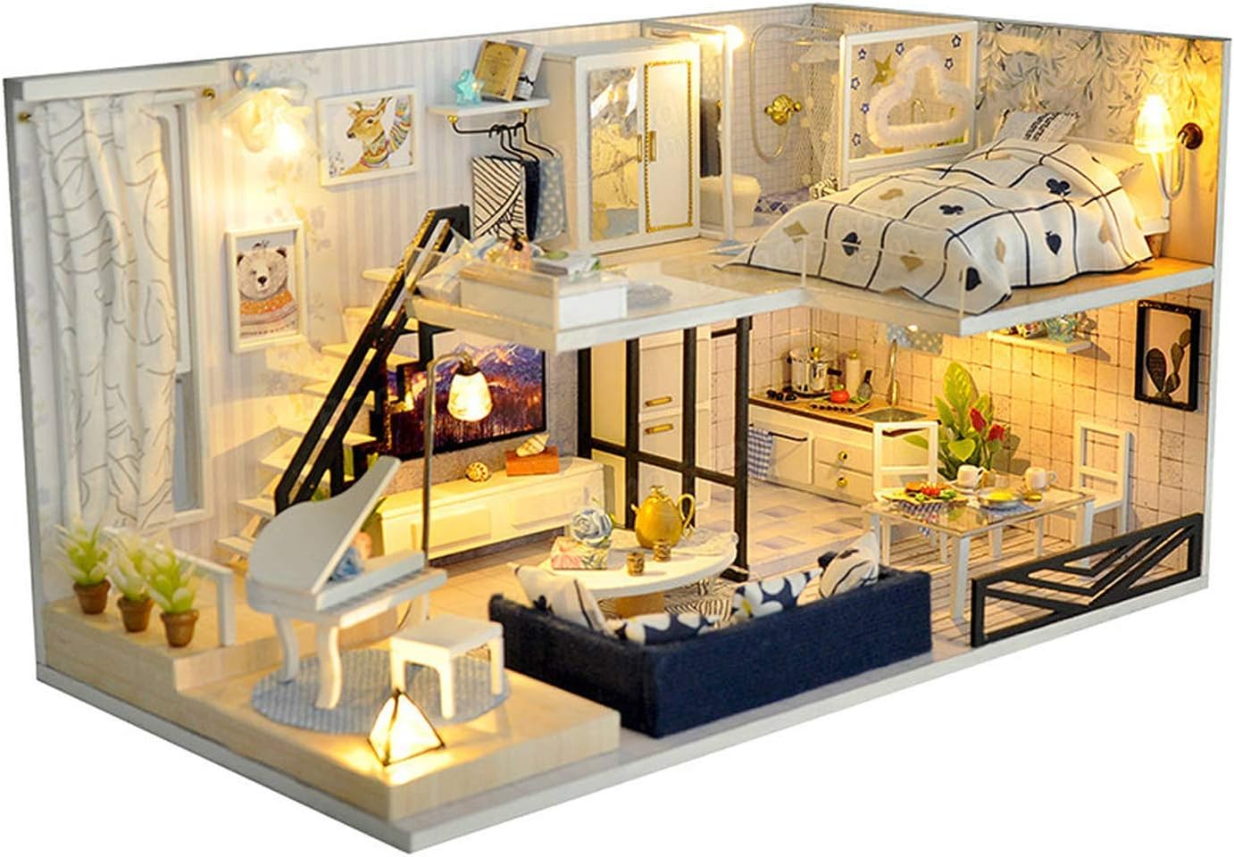 UniHobby DIY Dollhouse Kit with Furniture LED Light Dust Proof Cover 1:24 Scale DIY Miniature Dollhouse Kit Wooden House Toy