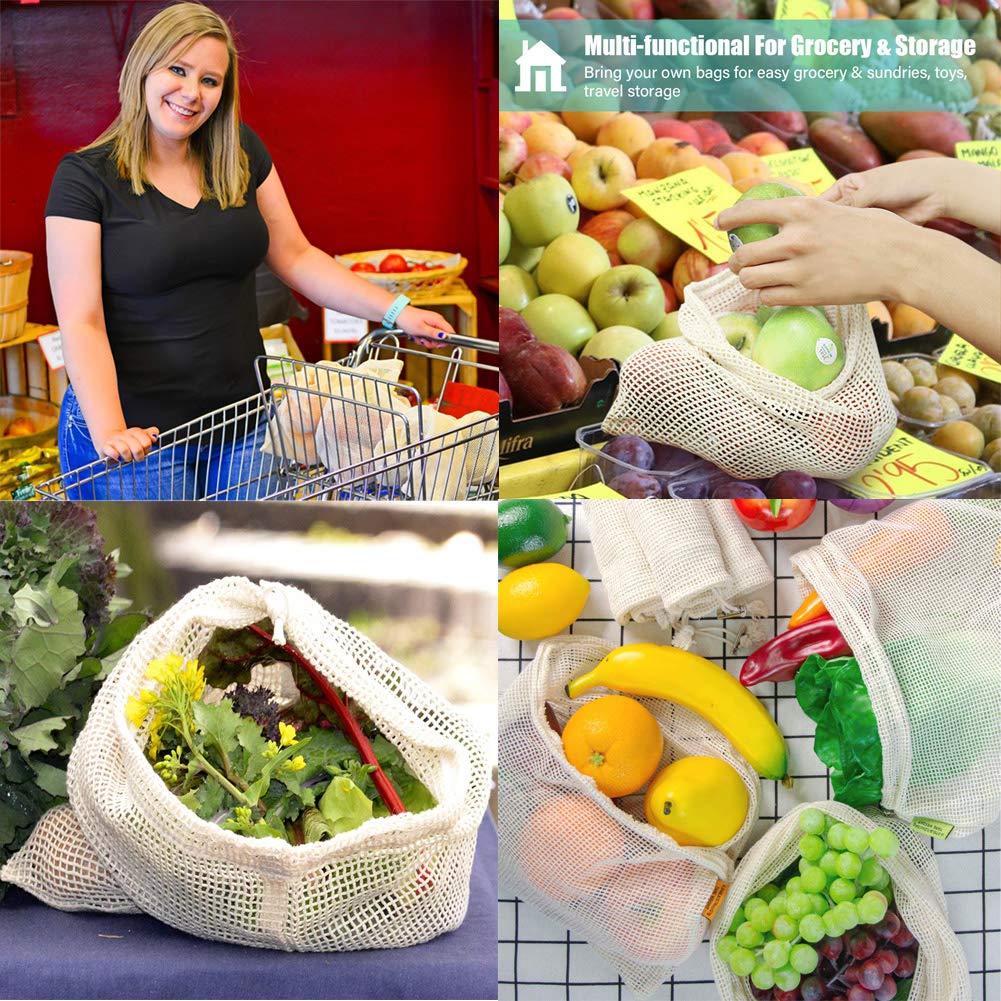 Reusable Produce Bags,Eco Friendly Biodegradable Natural Cotton Mesh Grocery Bag Washable Muslin Vegetable Bags Fruit Double Stitched Seams