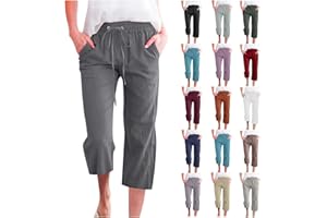 APIVOE Capri Pants for Women Casual Summer Linen Pants Elastic Waist Drawstring Cropped Pants Wide Leg Plus Size Capris 2024