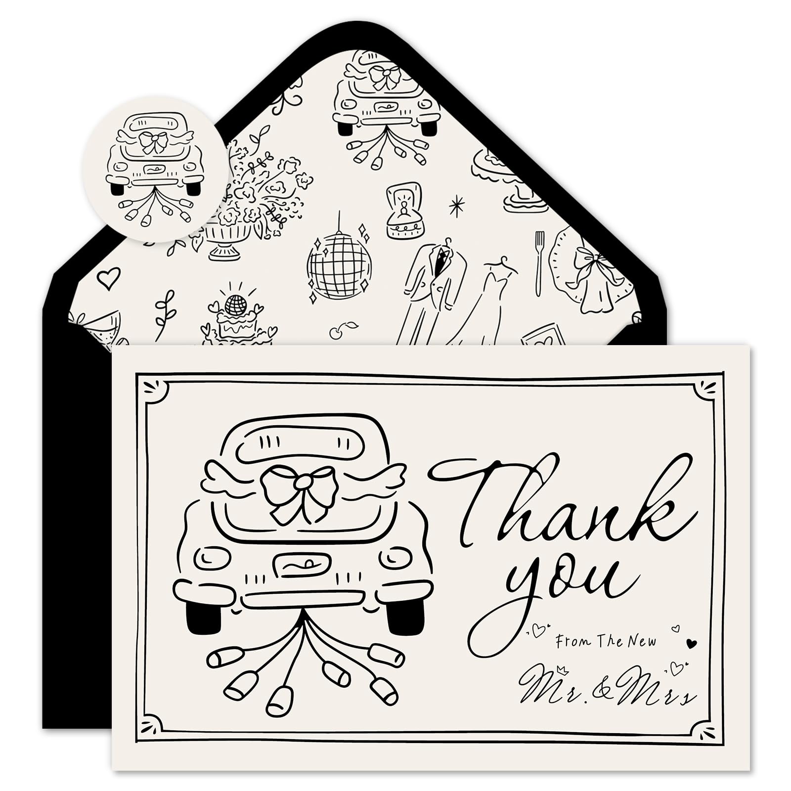 Photo 1 of Whaline 50 Pack Wedding Thank You Cards Boxed Black The New Mr & Mrs Car Cake Thank You Greeting Note Cards with Envelope Sticker for Bridal Shower